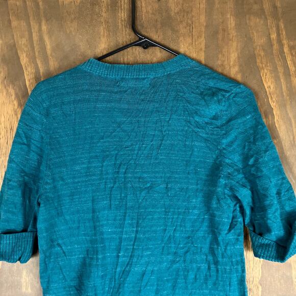 Eddie Bauer Womens Sweater Teal Button Down Cardigan Rolled 1/2 Sleeve Cotton M - Picture 11 of 12